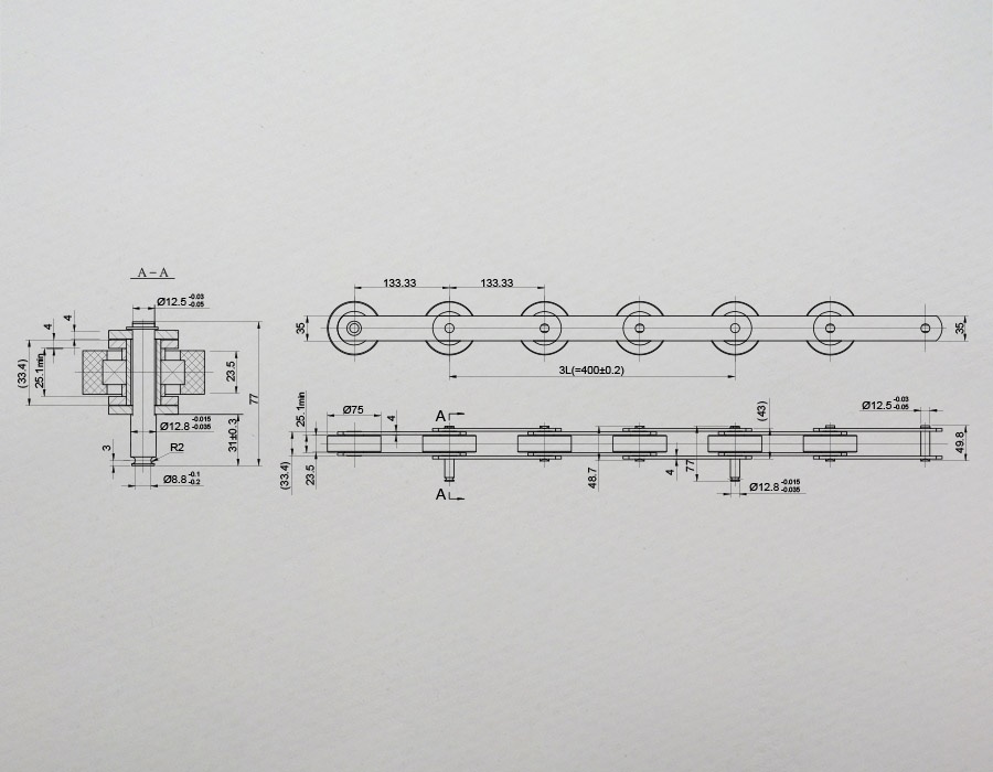 Цепь ступеней/тяговая, 13KV-C, шаг - 133,33 мм, ролик - 75x23,5 мм, палец - 77x12,8/12,5 мм, 105 kN (комплект на 10 ступеней)