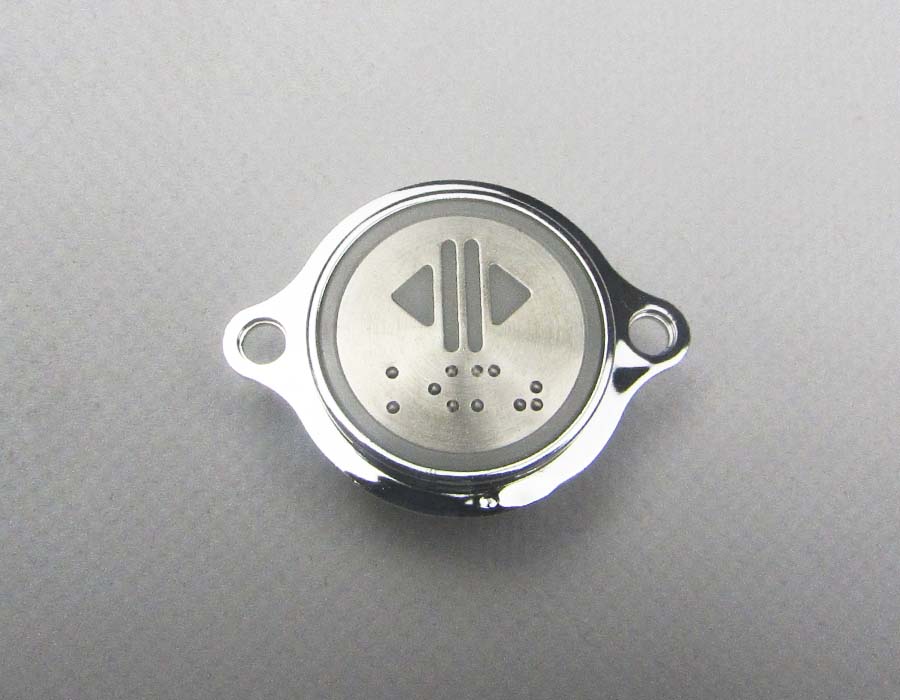 Кнопка вызова/приказа, AVDBUT, открытие, круглая, серебристая поверхность, белая подсветка, нержавеющая сталь, с крепёжными отверстиями и Брайлем