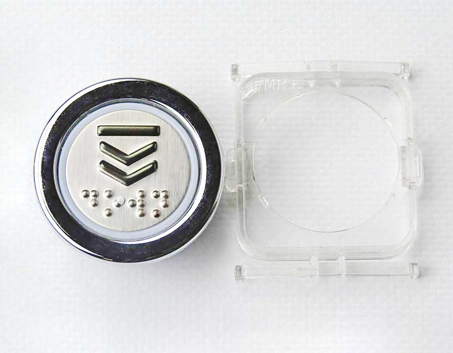 Кнопка приказа, круглая, стрелка вниз, FMR BS, синяя подсветка, с брайлем