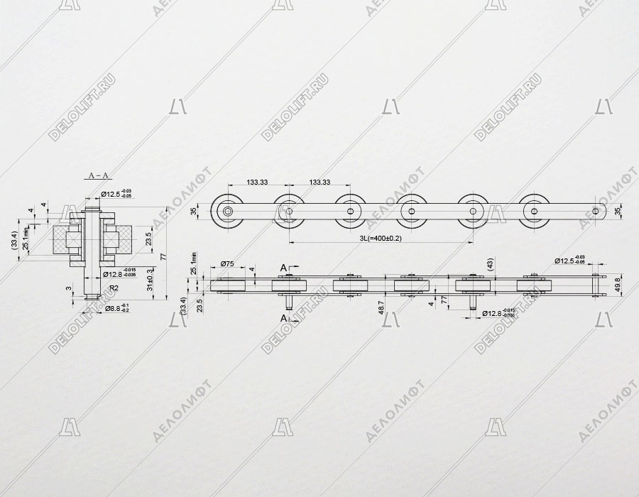 Цепь ступеней/тяговая, 13KV-C, шаг - 133,33 мм, ролик - 75x23,5 мм, палец - 77x12,8/12,5 мм, 105 kN (комплект на 2 ступени)