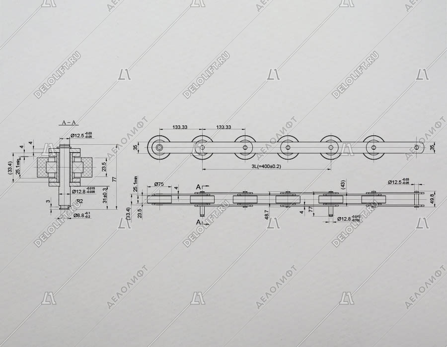 Цепь ступеней/тяговая, 13KV-C, шаг - 133,33 мм, ролик - 75x23,5 мм, палец - 77x12,8/12,5 мм, 105 kN